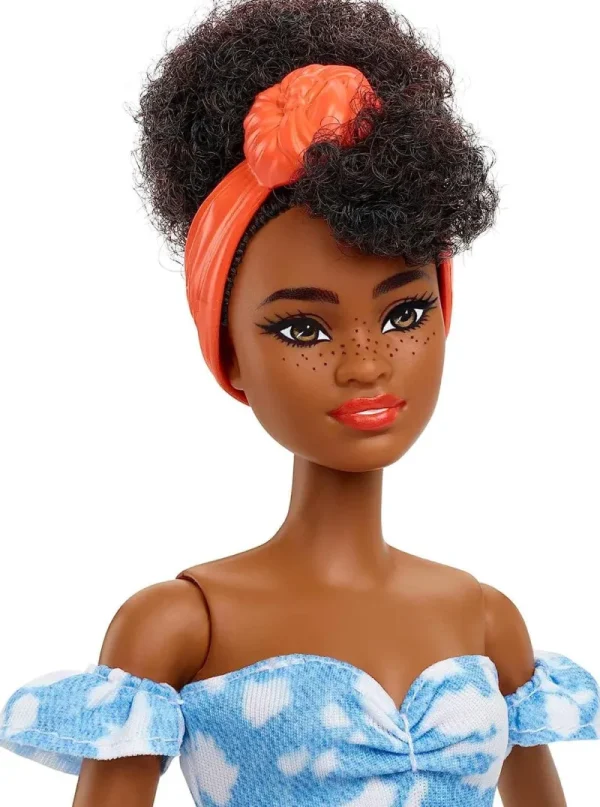 Barbie Fashionistas Doll 185 Black Up-do Hair Off-shoulder Bleached Denim Dress Hot