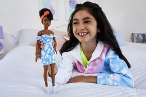 Barbie Fashionistas Doll 185 Black Up-do Hair Off-shoulder Bleached Denim Dress Hot